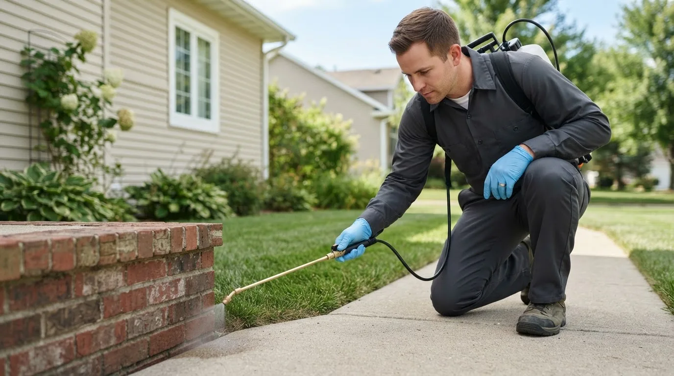 Pest control technician treating a home near Woods Hole, MA